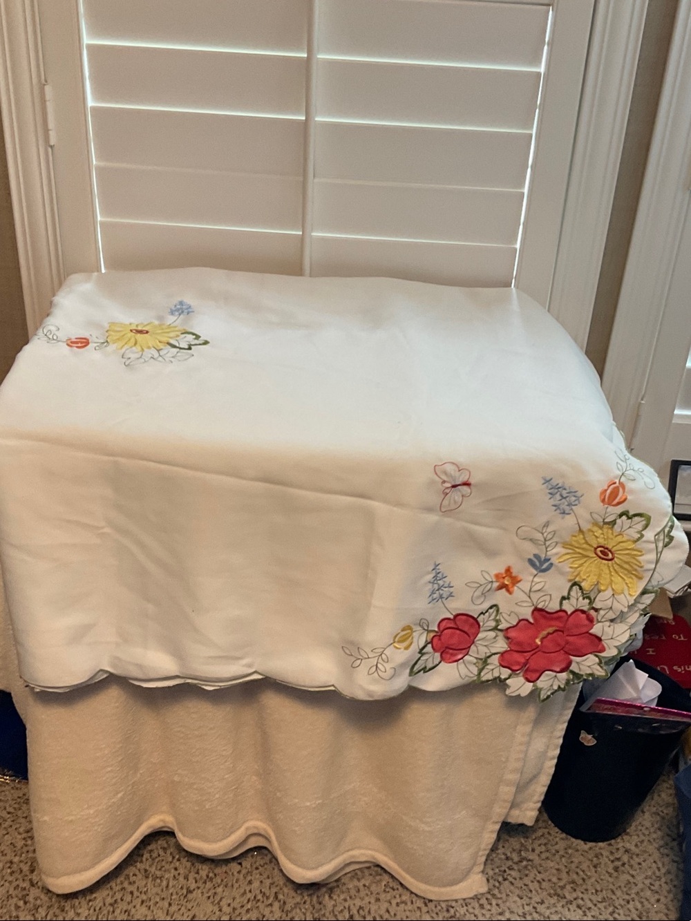 White Embroidered Floral Tablecloth with Red, Yellow & Pink Accents